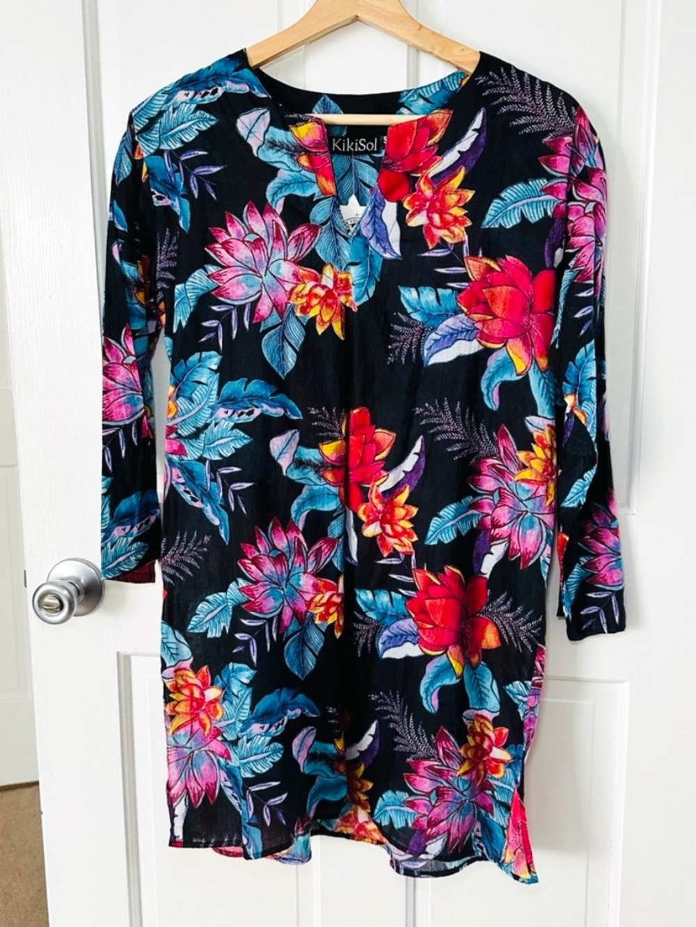 NEW! Kikisol Painted Floral 100% Cotton Tunic Beach Cover-up Tropical Size S